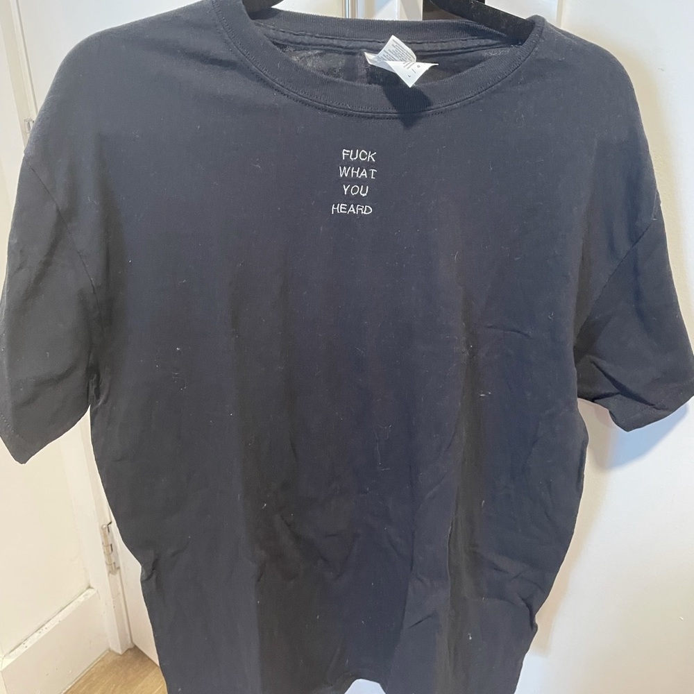 Black embroidered T-shirt “f*ck what you heard” L